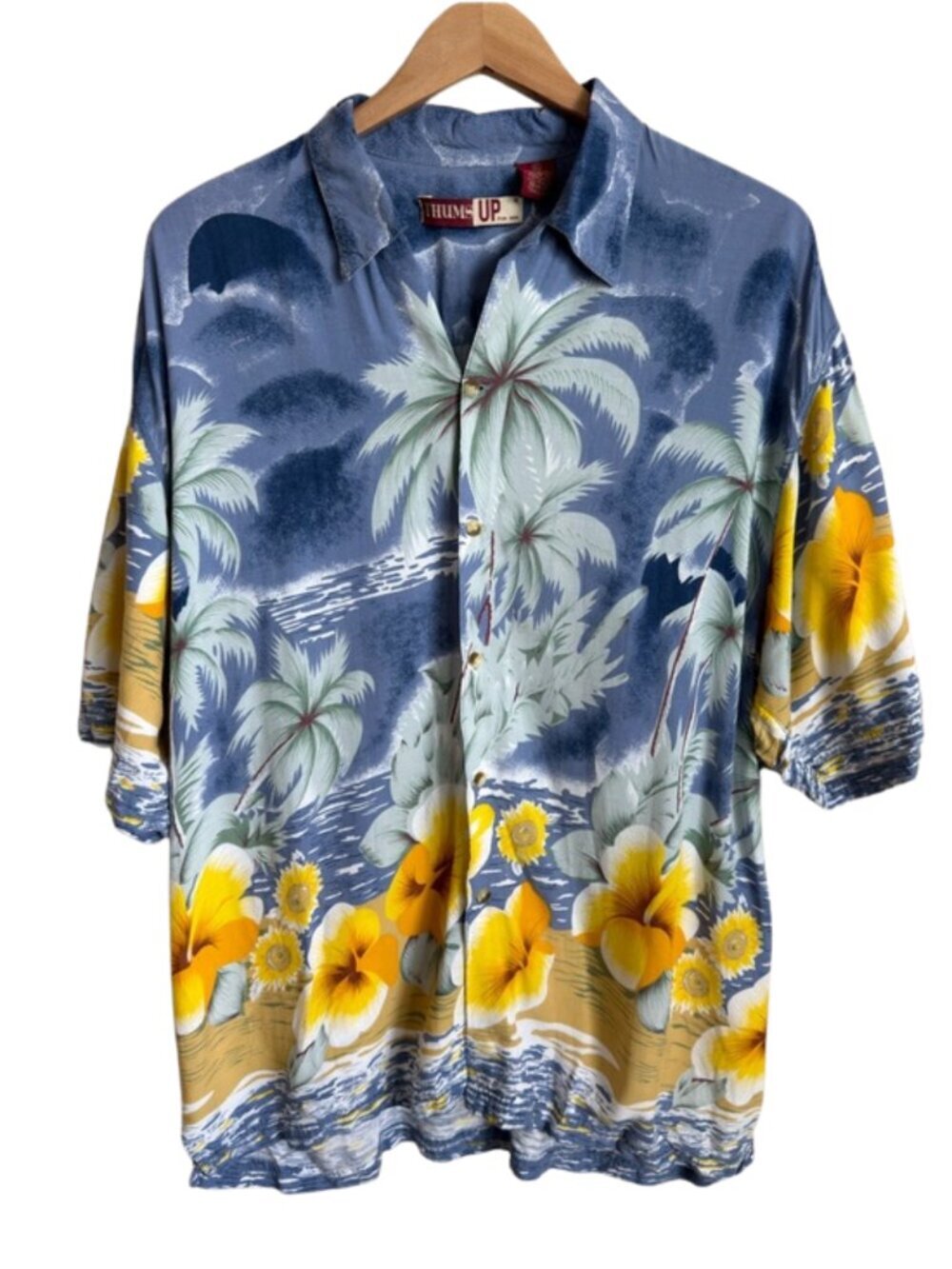 Vintage Thums Up Rayon Hawaiian Shirt XL Blue Hibiscus Palm Camp Button Up Mens